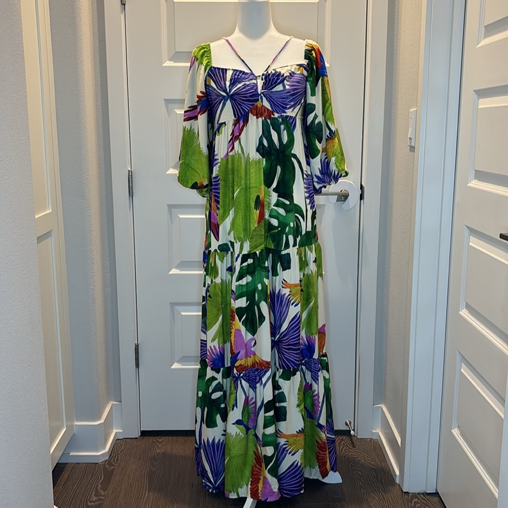 FARM Rio Tropical Parrot Print Maxi Dress in Green, Purple, White - Picture 5 of 11